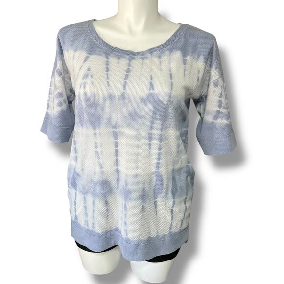 Easel Womens Waffle Knit Sweater Shirt Top Short Sleeve Tie Dye Blue White Large - Picture 1 of 11